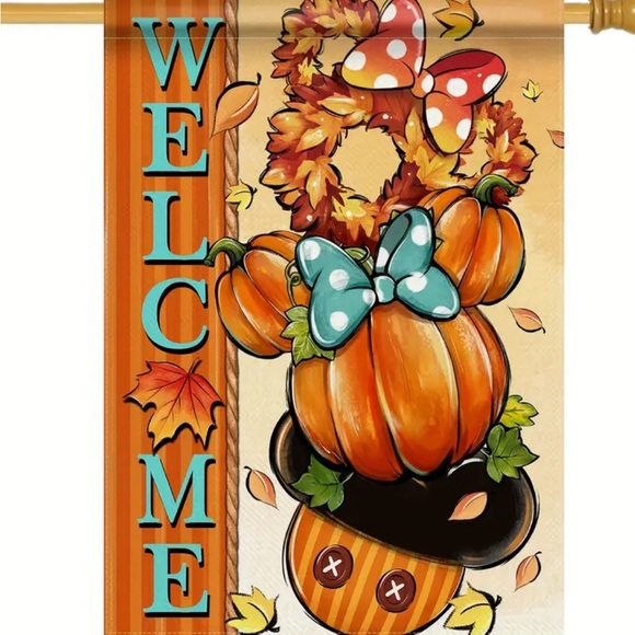 Disney Mickey & Minnie Mouse Fall Pumpkin Welcome Garden Flag 12x18 Holiday - Picture 5 of 6